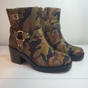 Jessica Simpson Camo Rhinestone Ankle Boots Green Camouflage Block Heel Buckle